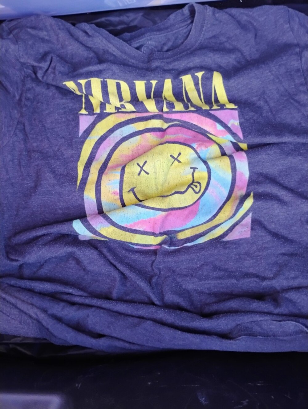 NIRVANA Gray Short-Sleeve Tee with Yellow Pink Blue Spiral Smiley